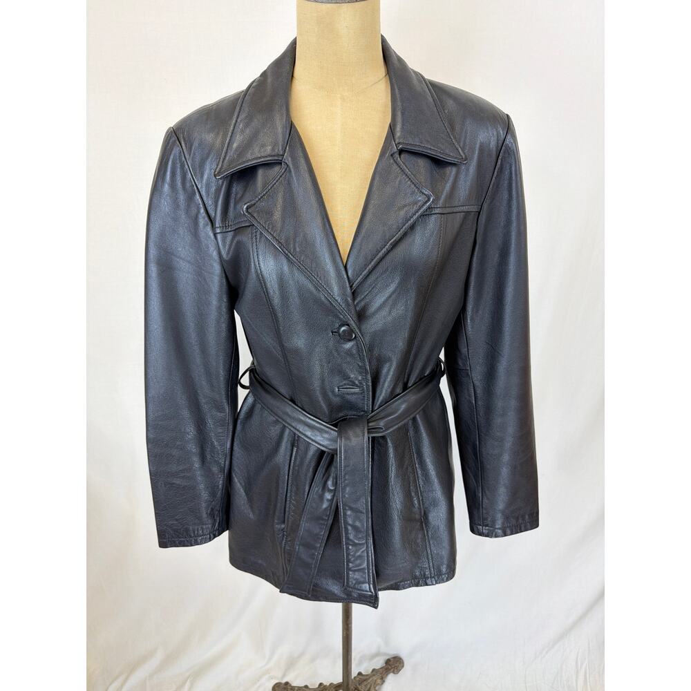 Jacqueline Ferrar Black Leather Belted Jacket Medium #0554